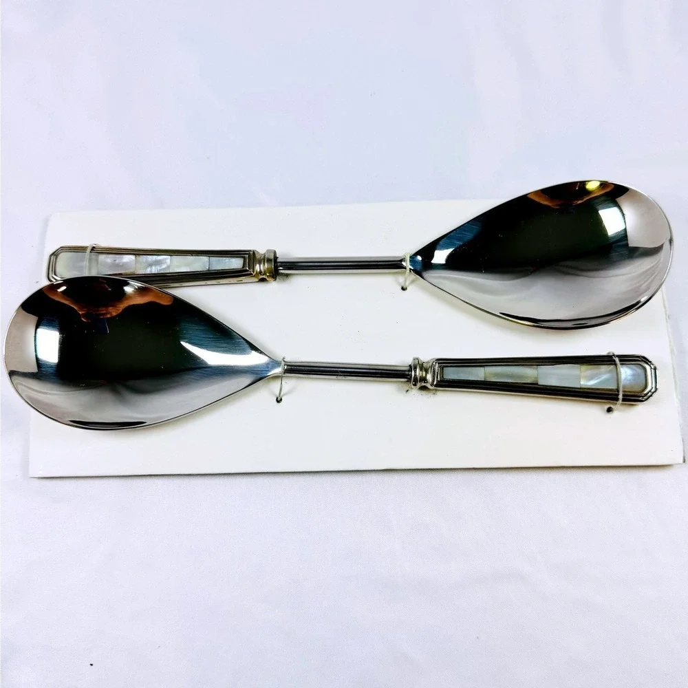 Mother of Pearl Inlay Silver Plated Serving Spoons 2pc Unused Coastal Chic READ